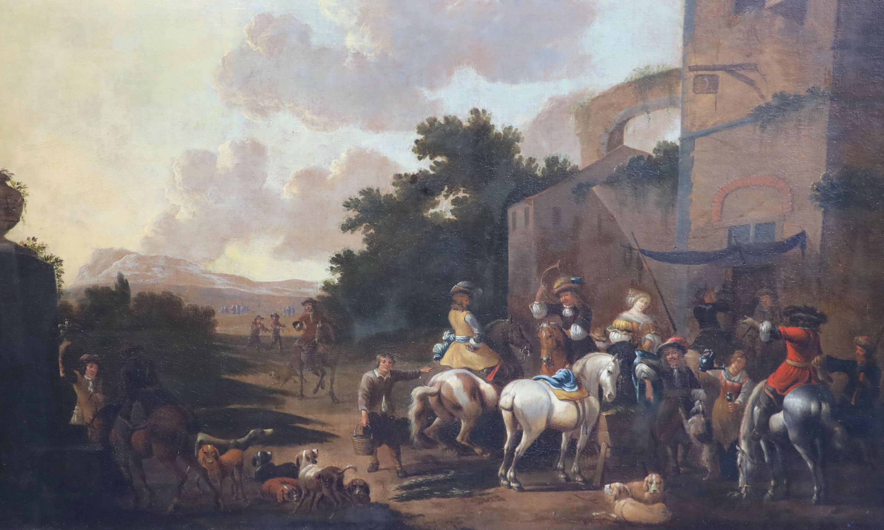 Attributed to Philips Wouwerman (1619-1668), A hunting party outside a tavern, oil on canvas, 69.5 x 140cm